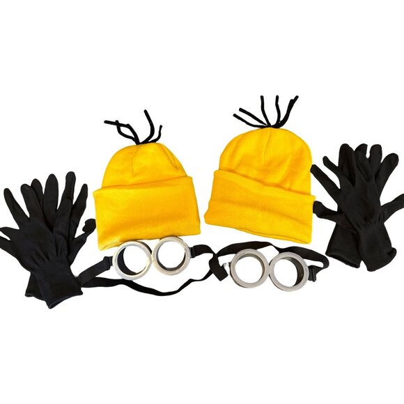 Set Of 2 Minion Costumes Yellow Knit Hats Gloves & Plastic Goggles For Adults - Picture 2 of 3